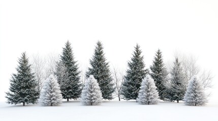 Fototapeta premium A Snowy Winter Landscape with Evergreen Trees and Bare Branches Against a White Background