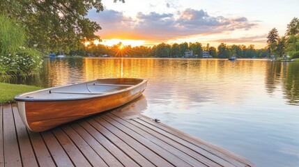 Obraz premium A paddleboat tied to a wooden dock, overlooking a serene lake at sunset with hues of orange and pink across the sky