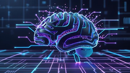 An abstract 3D illustration of an AI brain, made of glowing circuits and neon blue and purple lines forming intricate neural connections. Tiny particles of light pulse along the connections