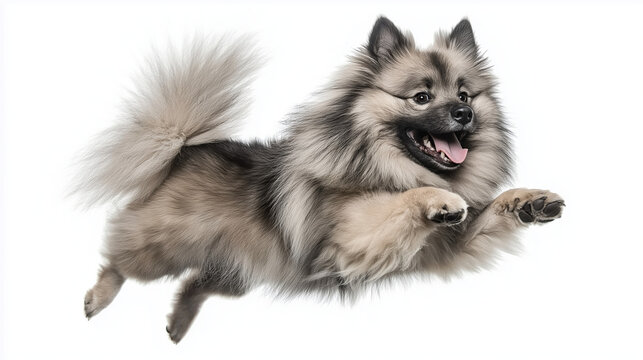 Happy keeshond dog jumping on white background
