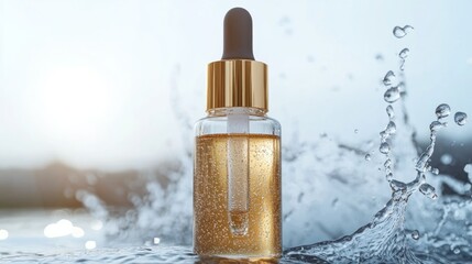 Luxury Golden Serum Bottle in Water Splash