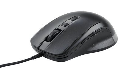 Black wired computer mouse with ergonomic design and buttons.