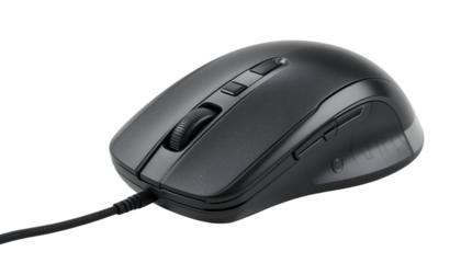Black wired computer mouse with ergonomic design and buttons.