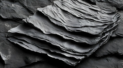 Obraz premium Abstract black and white close-up of layered slate rock texture, showing natural stone formations. Ideal for design and backgrounds.