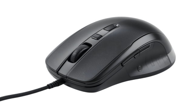Black wired computer mouse with ergonomic design and buttons.
