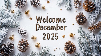 Snowy pine cones, fir branches, and gold ornaments frame "Welcome December 2025".