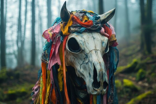 Mari Lwyd Mystical horse skull with colorful cloth in enigmatic forest