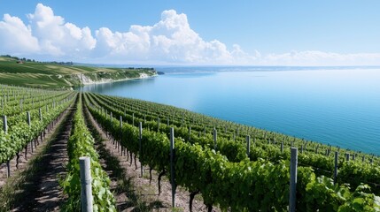 Scenic vineyard overlooking a calm lake and blue sky.