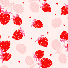 Simple seamless pattern with strawberries, hearts. Cartoon cute pink and red stickers for Valentine's Day. Wrapping, packaging design in flat style. Red and pink. Suitable for gift wrap or cards.