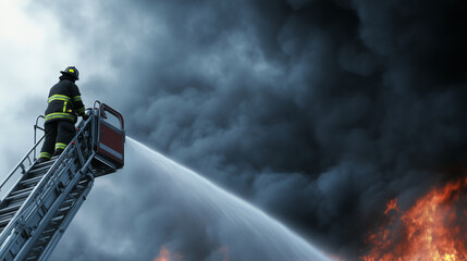 A firefighter stands atop a fire truck, skillfully directing water onto a burning warehouse. A heroic scene symbolizing bravery, teamwork, and emergency response.