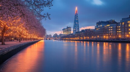 Obraz premium Serene twilight view of a river lined with cherry blossoms and modern architecture in a cityscape