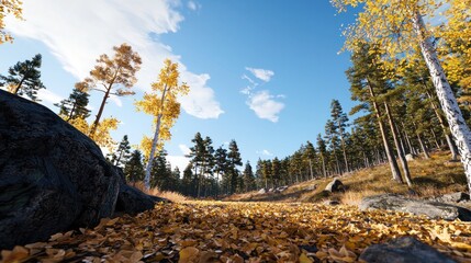 Scenic autumn landscape with colorful foliage and clear blue sky.