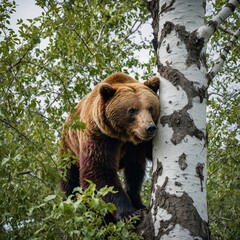 Obraz premium A colorful bear climbing a white tree, with splashes of vivid green leaves.