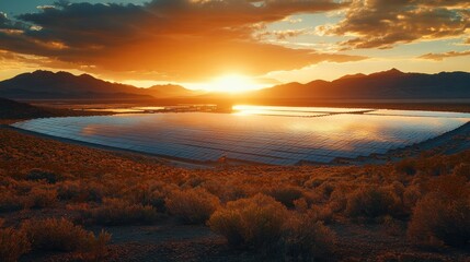 Obraz premium Vast solar power installation during a golden-hour sunset with reflective panels aligned perfectly in a natural landscape