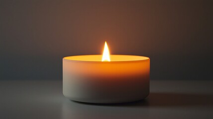 A candle is lit and sitting on a table. The candle is small and white, and the light from the flame is the only source of illumination in the image. The candle's light creates a warm