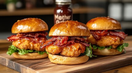 International Burger Day Delicious chicken burgers with crispy bacon and lettuce on wooden board