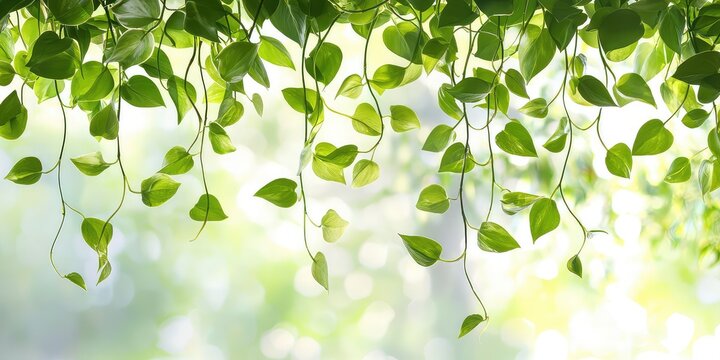 A hanging pothos plant with cascading vines in a bright and airy room.