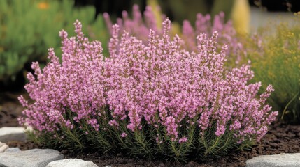 Obraz premium National Heather Day Blooming heather in garden setting with vibrant colors for landscape design