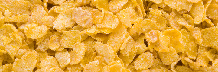Yellow dry corn flakes background. Closeup. Wide banner. Top down view.
