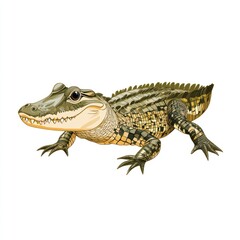 A young alligator walks alone, isolated on a white background, for use as a graphic