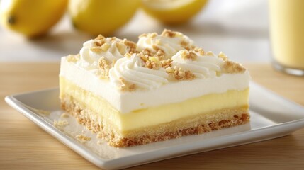 Delicious lemon squares dessert with cream and crumble topping