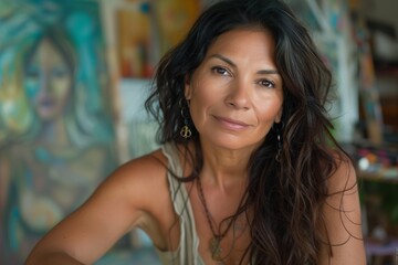 Naklejka premium A woman with long hair smiles warmly, embodying a relaxed and creative lifestyle within an artistic environment.