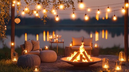 Cozy outdoor gathering by the lake with lights and a fire pit.
