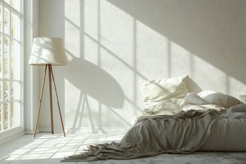 Sunlit Bedroom Interior with Bed and Floor Lamp