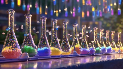 Colorful flasks with vibrant liquids and bubbles in a lab setting.