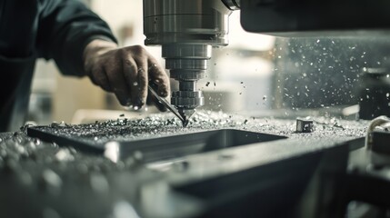 A precision machinist adjusting a CNC milling machine, with metal shavings and precision tools around, Machine shop scene