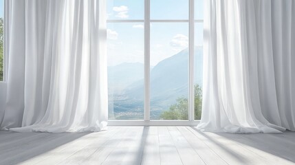 Fototapeta premium Elegant white curtains flowing gently in the breeze, with a mountain landscape visible through the glass