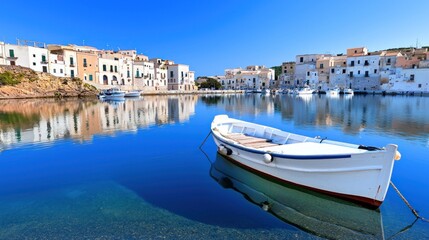 Tranquil seaside scene with a boat and picturesque buildings.