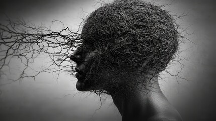 Monochrome portrait of a human head covered in branches and twigs, with a soft grey backdrop
