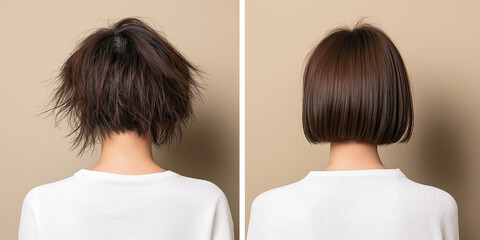 Before after comparison of messy and styled short hair back view. Hair salon advertising