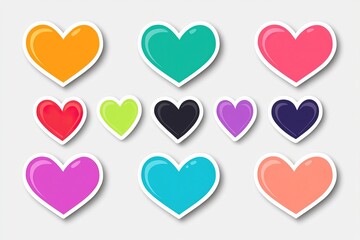 A colorful collection of heart stickers featuring a clean white outline, ideal for Valentine's Day and celebrating love among friends and family