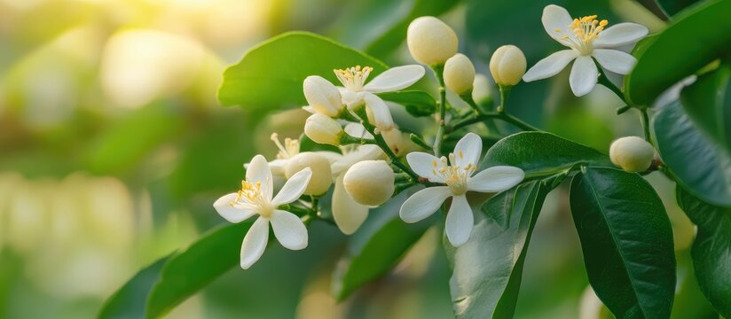 Blooming Grapefruit Tree Blossoms in Bright Summer Garden with Lush Green Leaves and Soft Sunlight Ideal for Text Overlay