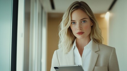 Confident Businesswoman Holding Tablet in Modern Office