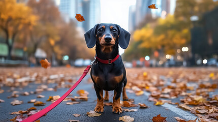 Dachshund dog with red leash in autumn leaves. Pet and seasonal lifestyle content