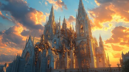 Fototapeta premium Beautiful sunset over ornate cathedral with intricate details and dramatic clouds. Generative AI