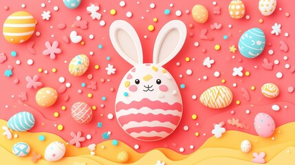 Cute Easter Bunny Egg with Colorful Eggs and Decorations