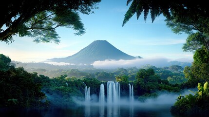 Misty Volcano and Waterfall