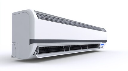 An HVAC technician repairing an air conditioning unit, isolated on a seamless white background,