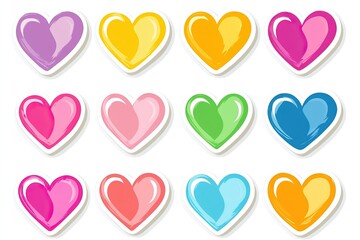 A collection of vibrant heart stickers in various colors, each outlined in clean white. Ideal for Valentine's Day greetings and decorations to celebrate love