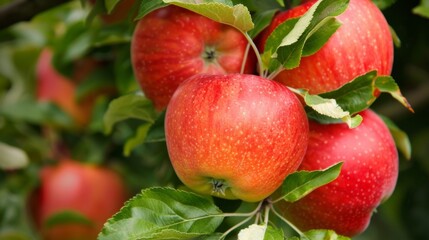 Ripe red apples on tree branch amidst green leaves