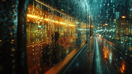 Obraz premium Reflections in raindrops during a late-night bus ride through a vibrant city. Generative AI
