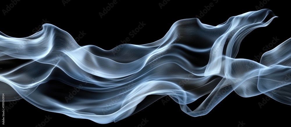 Poster elegant flowing sheer blue textile fabric material on black background with smooth curves and empty 