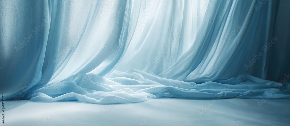 Poster flowing soft blue fabric draping elegantly across a smooth surface in a serene setting with ample co