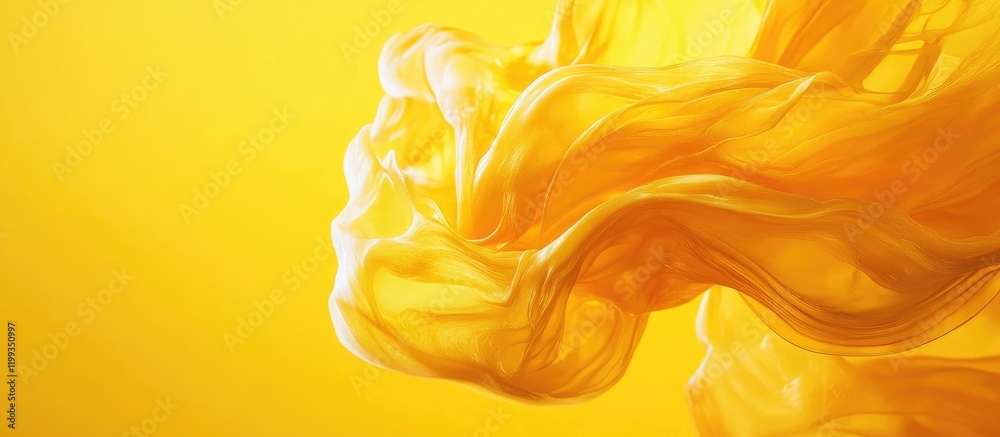 Poster vibrant yellow flowing liquid against a bright backdrop creating dynamic texture and empty space for