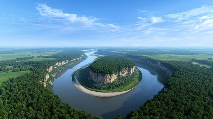 Aerial view of a river winding through lush green landscapes.