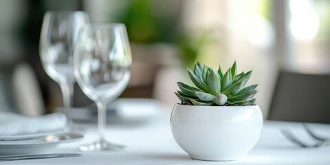 Fototapeta premium A minimalistic white ceramic pot holding a lush green succulent on a clean, modern table setting.